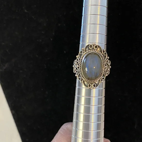 Silver and Blue Labradorite Gemstone Ring with 925 SS Detail - Picture 1 of 5